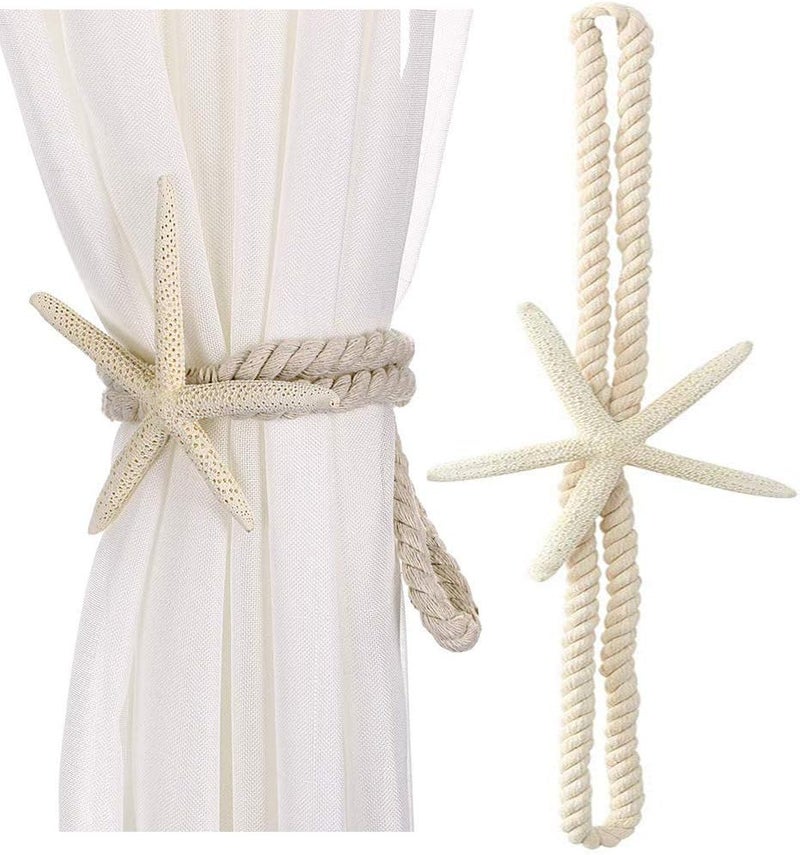 Xinally 2 Pcs Natural Starfish Curtain Tiebacks, Handmade Woven Rope Curtain Curtain Ties Blinds Accessories for Outdoor, Home, Office, Hotel, Living Room Curtain Decoration (Five-Fingered Starfish) - Image 1